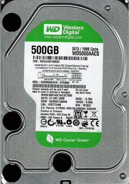 Western Digital 500GB 5400 to 7200 RPM 16MB Cache SATA 3.0Gb/s 3.5" Hard Drive - WD5000AAVS