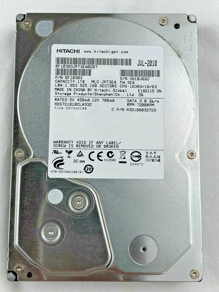 Hitachi 1TB (0F10383) 7K1000.C HDS721010CLA332 7200 RPM 32MB Cache SATA 3.0Gb/s 3.5" Internal Hard Drive - 0F10383