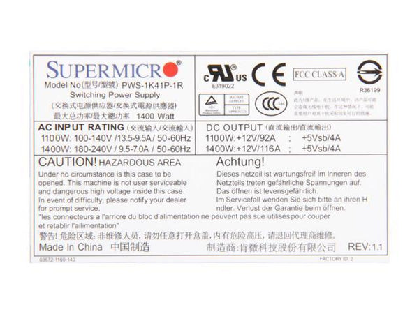 Supermicro 1400W 24Pin 1U Server 80Plus Gold Power Supply - PWS-1K41P-1R