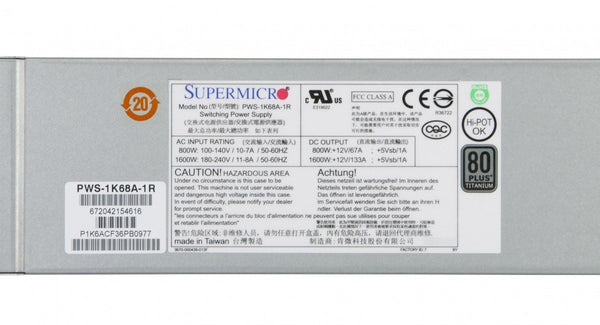 Supermicro PWS-1K68A-1R 1U 1600W Redundant Titanium 76.5mm Width Server Power Supply.