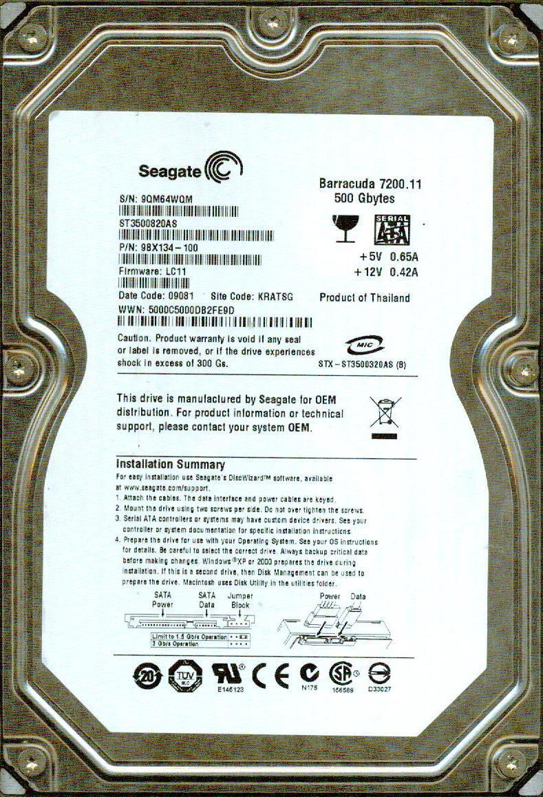 Seagate 500GB Baracuda 7200.11rpm 8MB Buffer 3Gbps SATA Desktop Internal Hard Drive  - ST3500820AS